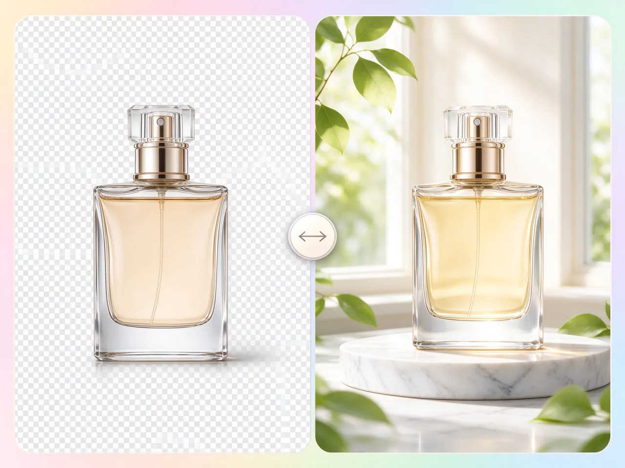 AI background generator painting a marble podium scene behind a perfume bottle cutout