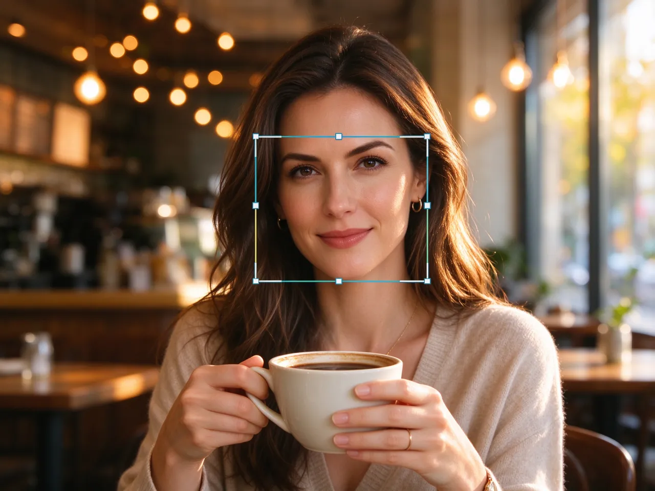 Portrait with a blurred cafe background in soft focus while the subject stays sharp