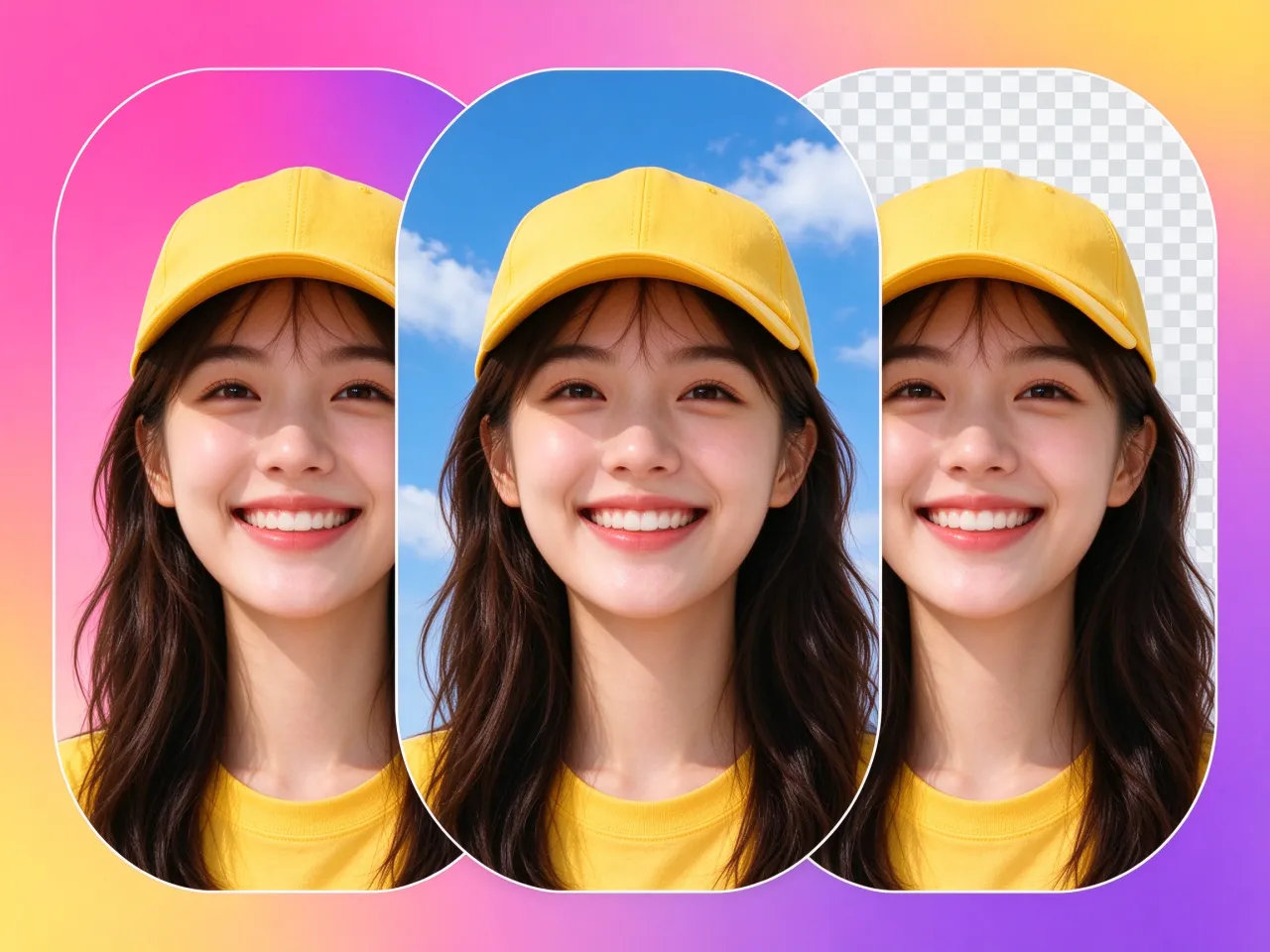 Photo cutout saved as a transparent PNG placed on gradient and checkerboard layouts