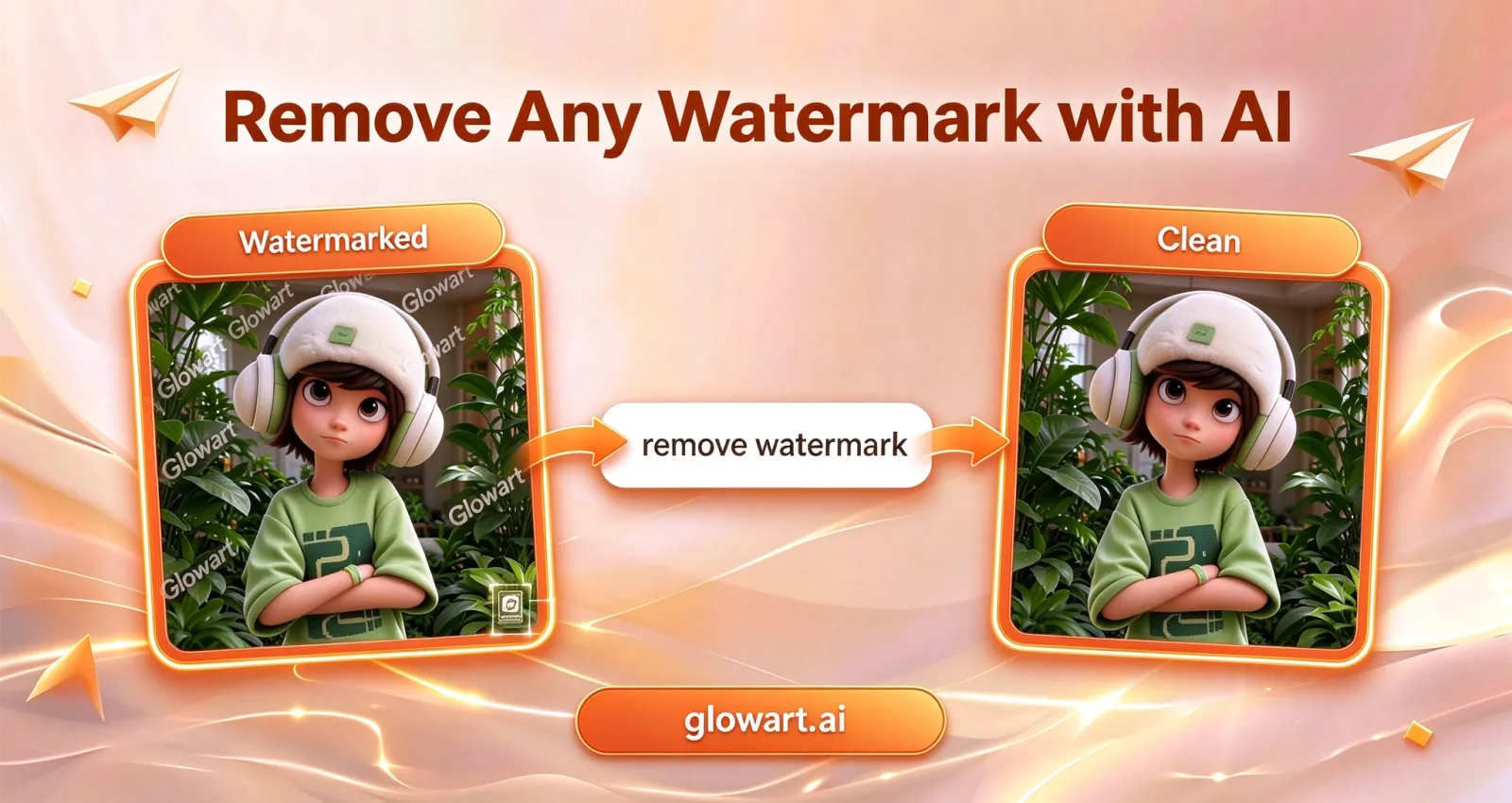 AI watermark remover before and after: tiled text watermark and corner logo stamp erased from a photo
