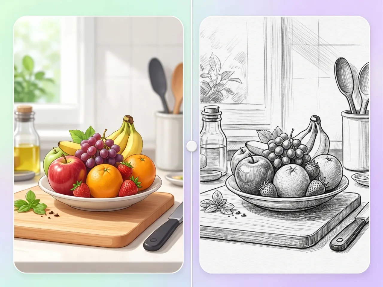 Fruit bowl photo turned into a pencil sketch with AI after watermark removal