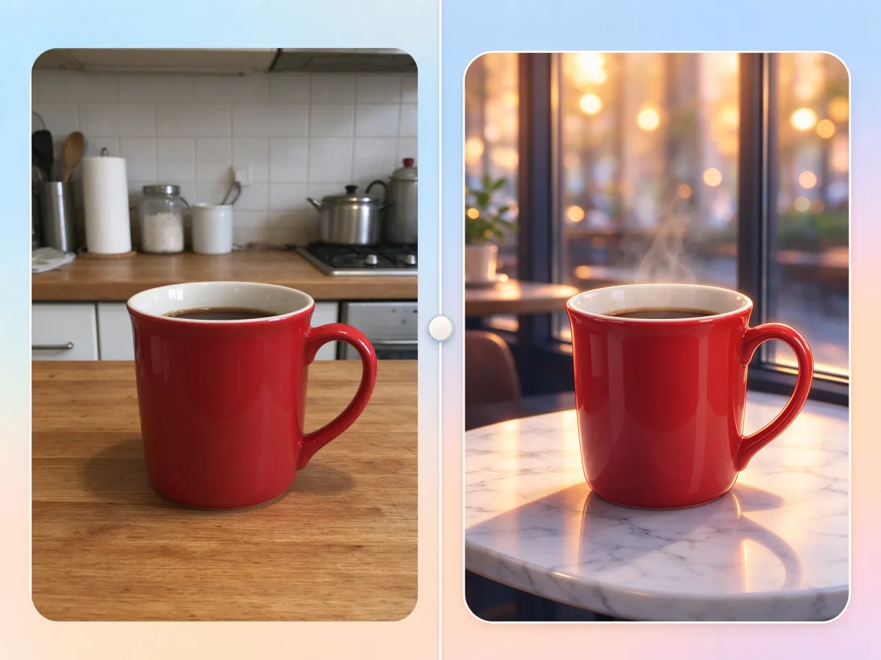 Watermark-free coffee mug photo with the background swapped to a marble cafe table